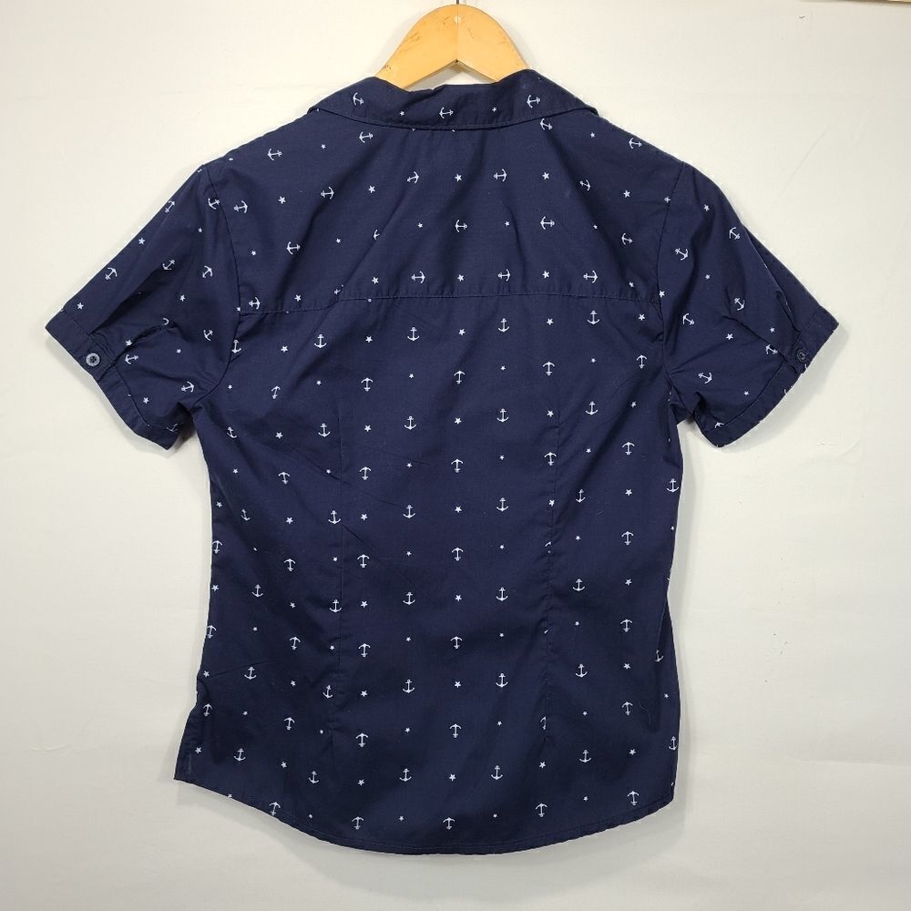 Basic Edition Blue Women's Button Down Anchor Top - image 5